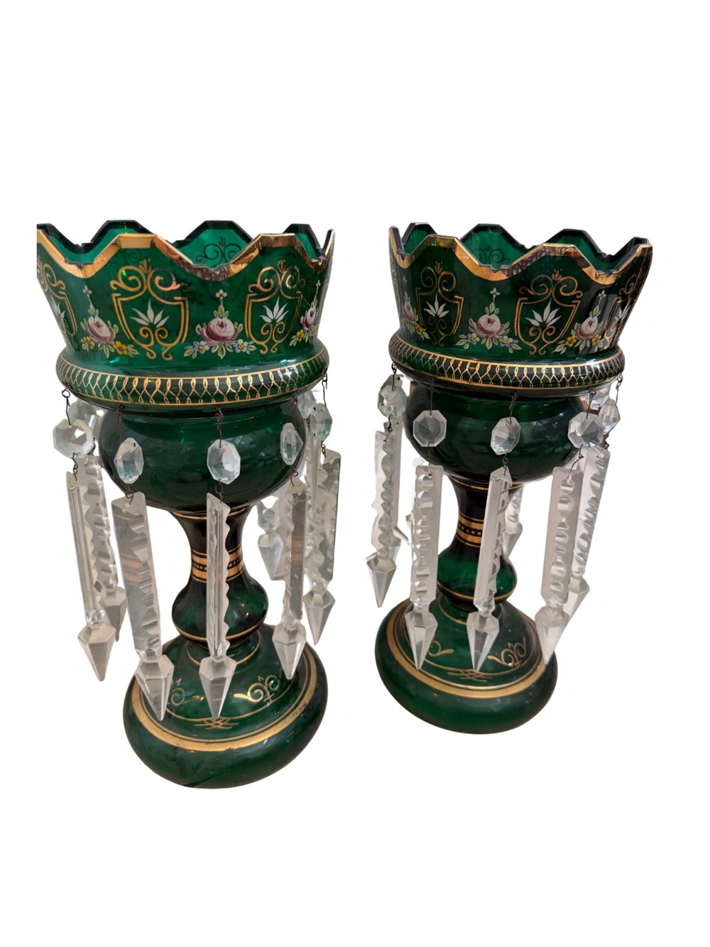 RARE Pair of Victorian Green and Gilt Art Glass Mantel Lusters